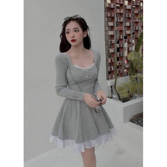 Váy đầm Xòe Phối Ren Tay Dài Kiểu Dáng Hàn Quốc trẻ trung, hot trend freesize
