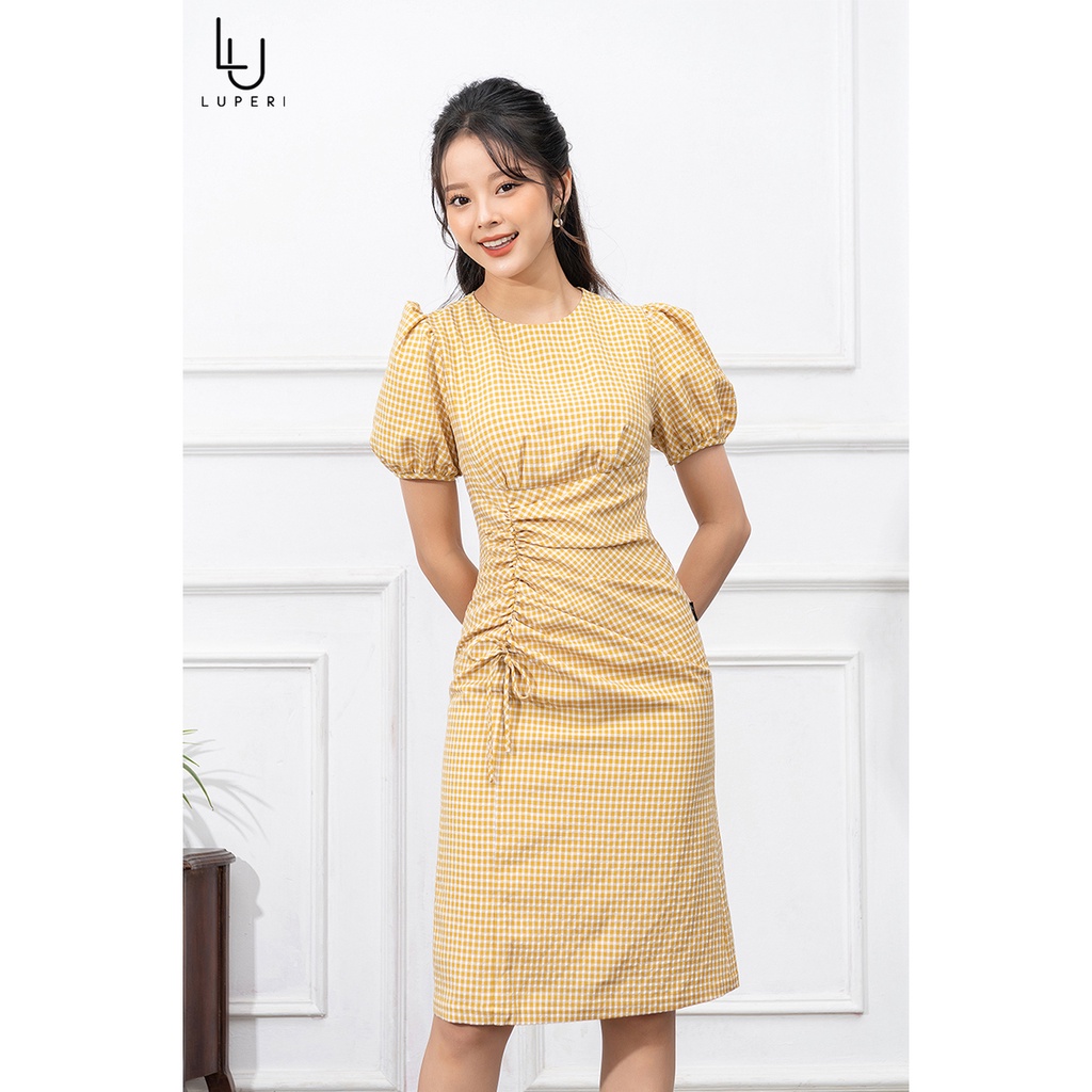 Váy Công Sở Thiết Kế LUPERI Cổ Tròn Thanh Lịch, Eo Cách Điệu, Chất Kẻ Hàn Cao Cấp LFV3275