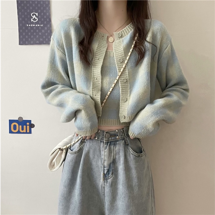 Set Áo Len Tay Dài Sọc Caro + Áo Khoác Ghi Lê Thời Trang Nữ