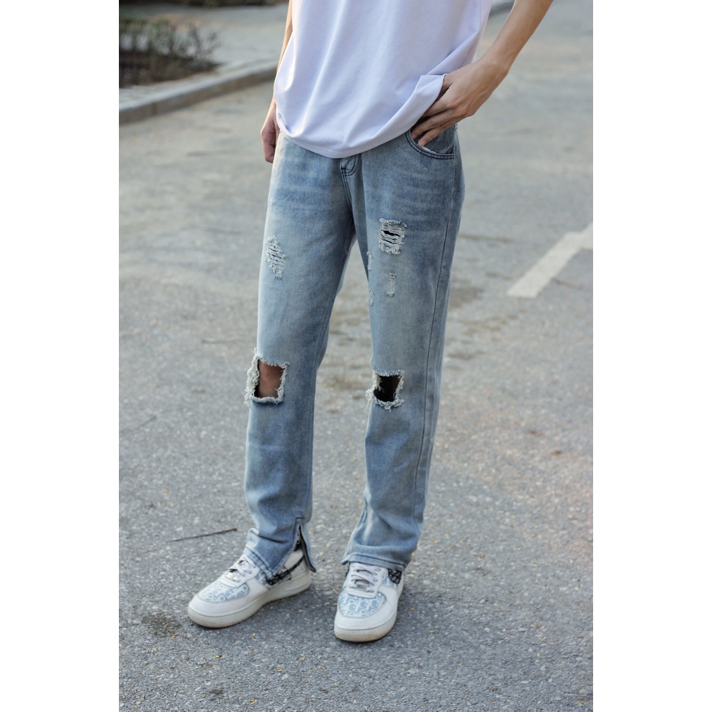 Quần bò nam ống suông rách gối khóa zip mới c807 Pon.mens