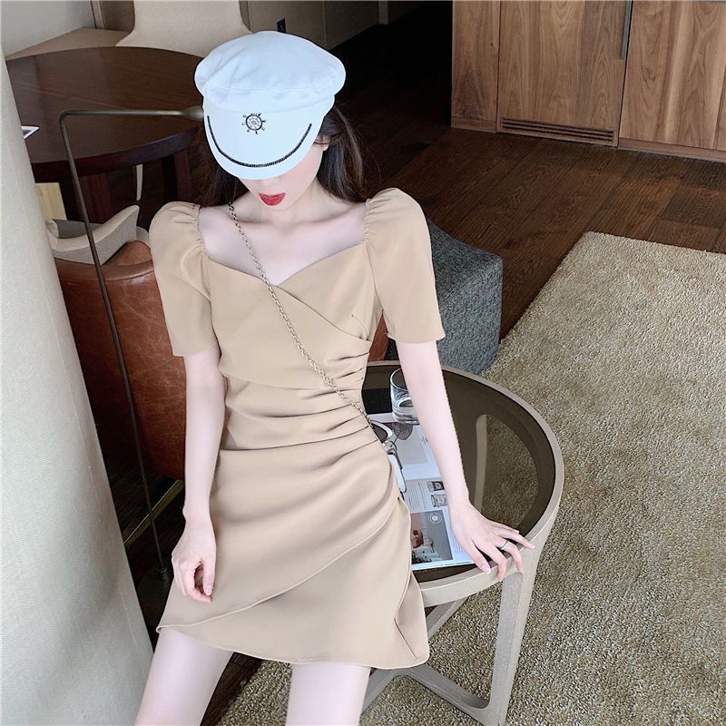 IELGY   Đầm Tay Ngắn Dáng Ôm Phong Cách Thời Trang Pháp Dành Cho Nữ