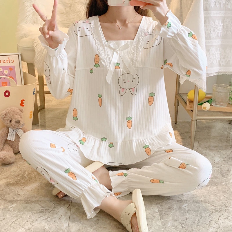 Bộ Đồ Ngủ Tay Dài Phối Ren Phong Cách Công Chúa Dễ Thương Thời Trang Thu Đông Cho Nữ