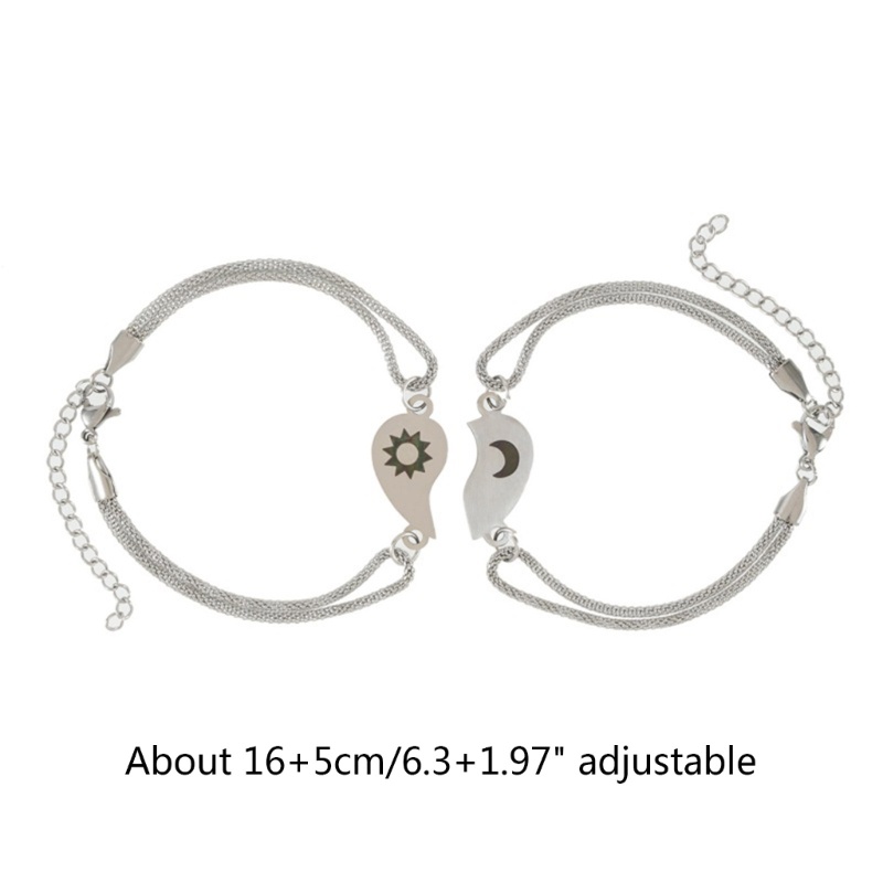 Set 2 Vòng Tay Mặt Hình Mặt Trời / Mặt Trăng / Trái Tim Bằng Thép Không Gỉ Có Thể Điều Chỉnh