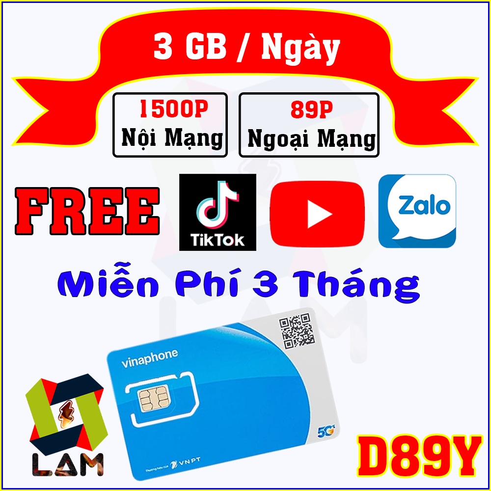 Sim 4G Vinaphone D89Y 3Gb/Ngày Miễn Phí 3T 16T - Tỷ Gb Xem YOUTUBE/TIK TOK/ZALO - Gọi Miễn Phí