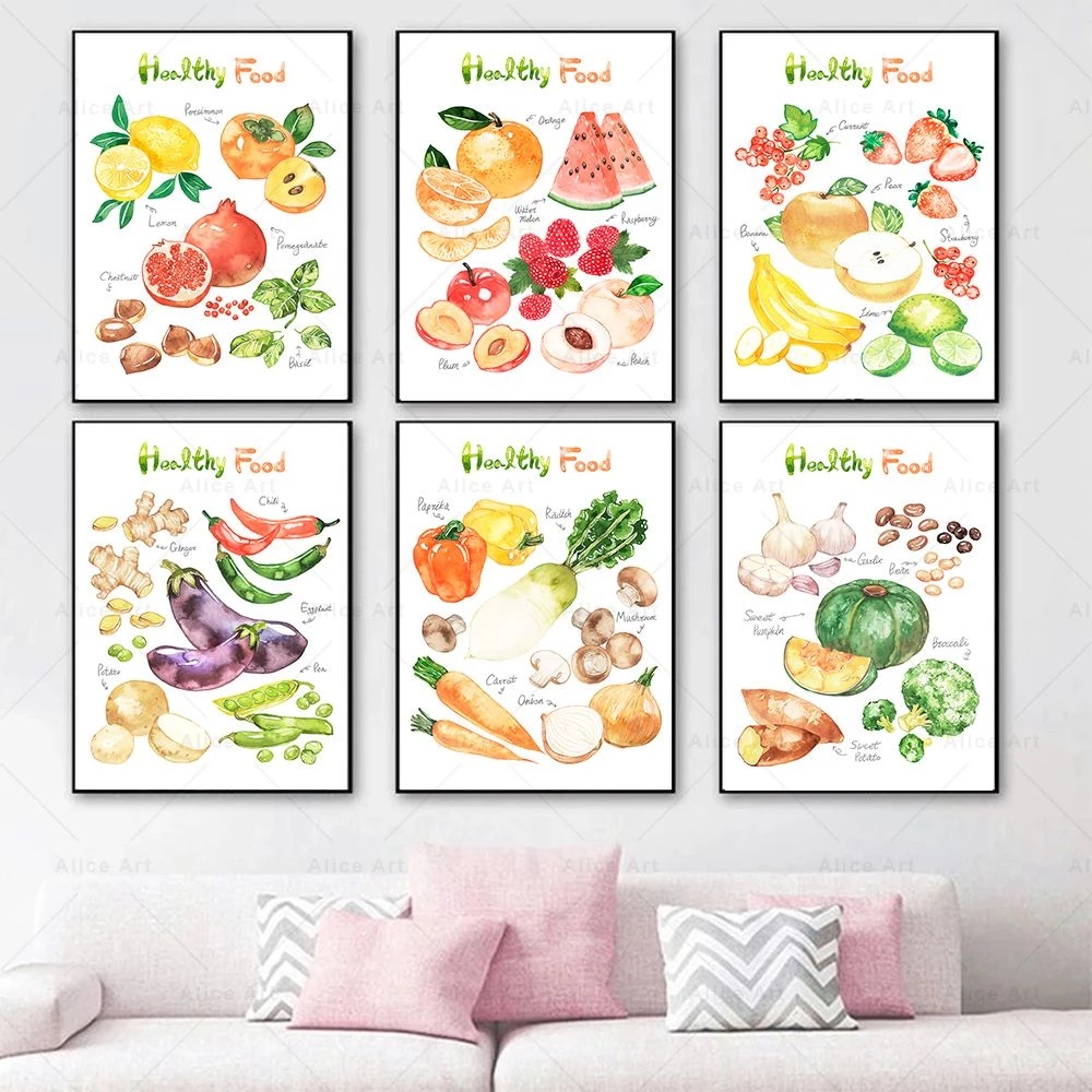 Frameless Watercolor Healthy Food Poster Wall Art Print Fruit Vegetables Nuts Canvas Painting Picture Wall Decor Kitchen Home Decoration
