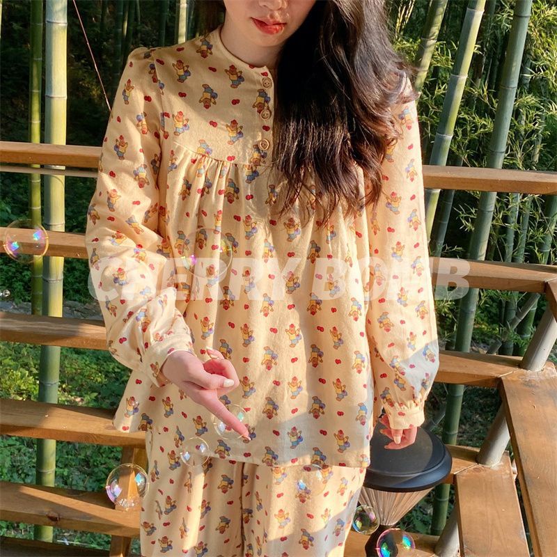 Bộ Đồ Ngủ Tay Dài In Hình Gấu Hoạt Hình Phong Cách Hàn Quốc Dành Cho Nữ
