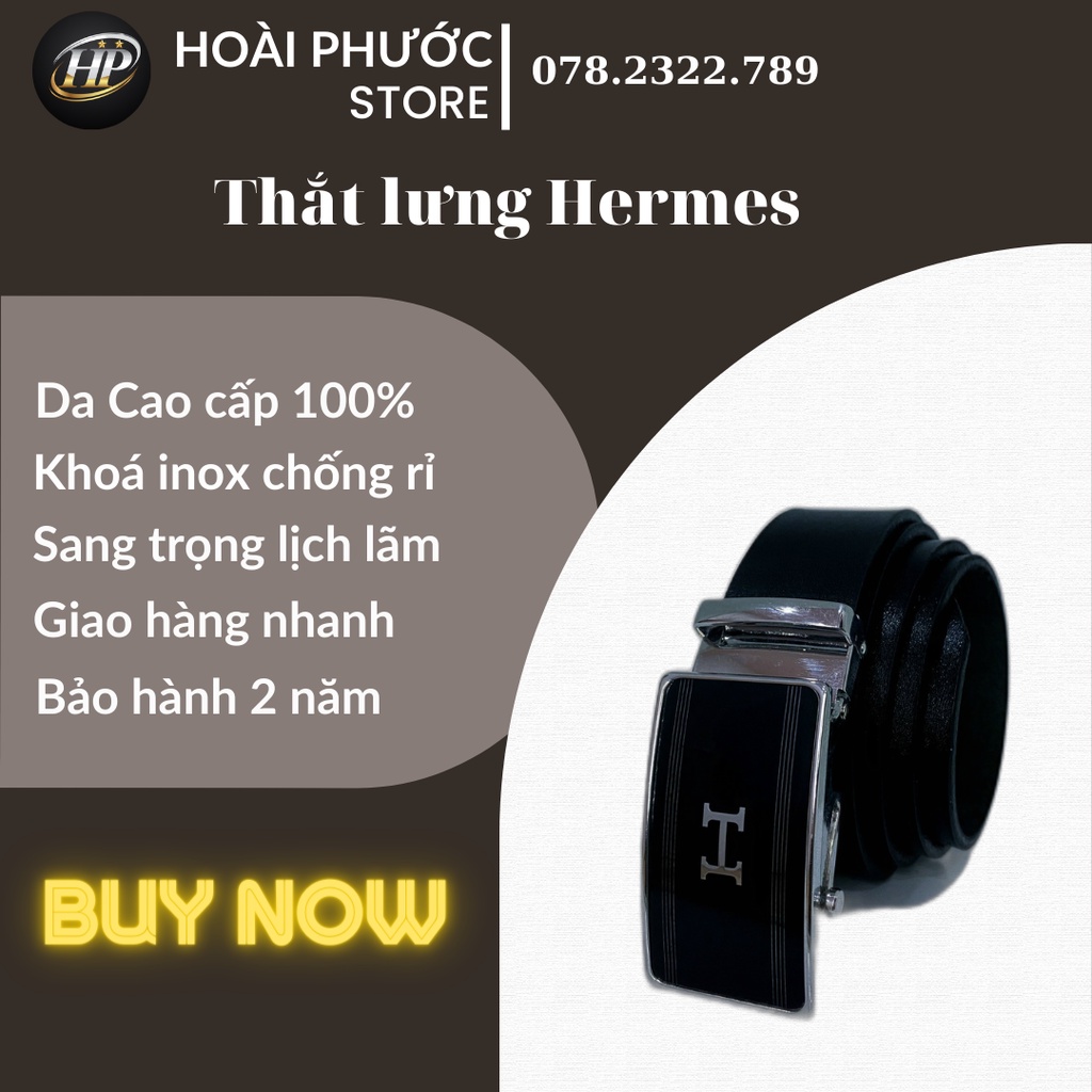 Thắt lưng nam da bò nguyên tấm Logo Hermes màu đen khoá tự động Hoài Phước Leather bảo hành 24 tháng