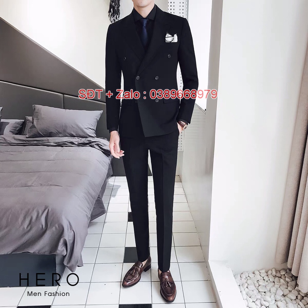 Bộ Vest Nam Cao Cấp Hàn Quốc Màu Đen, Chất Vải Sịn Sò, Cạp Quần Có Tăng Chỉnh Size. Suit Nam Màu Đen
