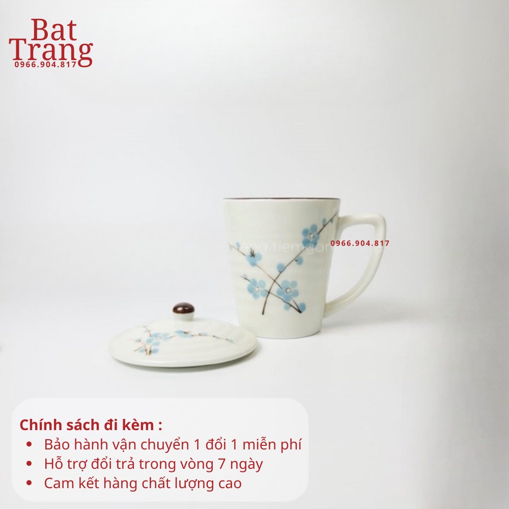 Cốc sứ uống nước có nắp men kem Bát Tràng vẽ tay 350ml, tiện lợi khi uống trà, cà phê - hàng có bảo hành