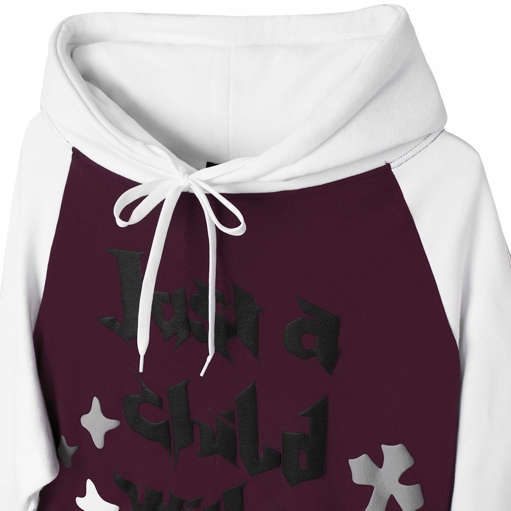 Áo Hoodie raglan Banawa form rộng nam nữ unisex có nón trùm đầu - Broken Child Hoodie - Màu Đỏ Đô