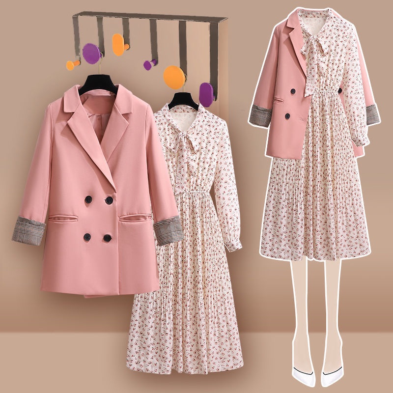 Bộ Áo Khoác Vest Dáng Rộng + Đầm In Họa Tiết Hoa Thời Trang Mùa Xuân Sang Trọng Cho Phụ Nữ Trung Niên Từ 100kg