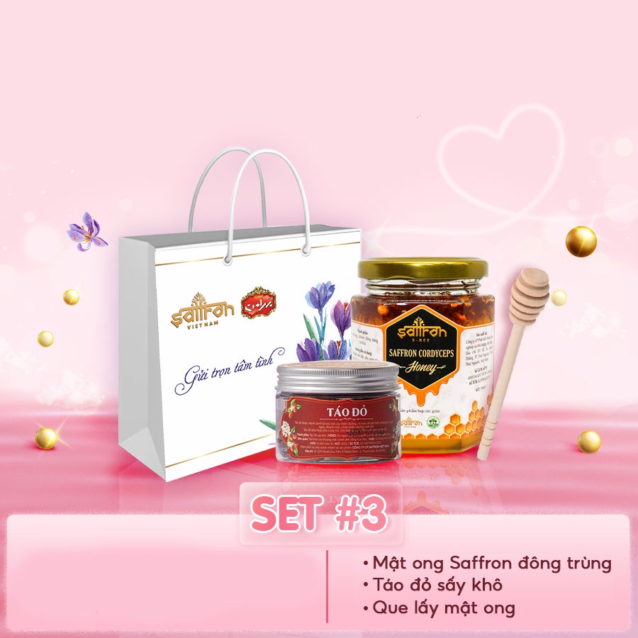 Set quà tặng mật ong ngâm saffron Đông trùng hạ thảo và trà táo đỏ thương hiệu Saffron Việt Nam