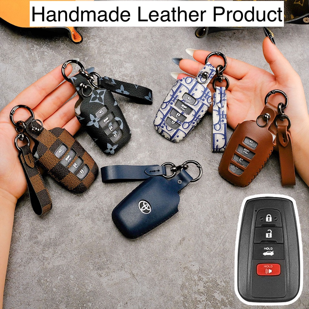 Bao da bọc chìa khóa smartkey xe ô tô Toyota Corolla Cross Camry Altis 2022 2, 3, 4 nút bấm khâu tay móc tròn đen TCR