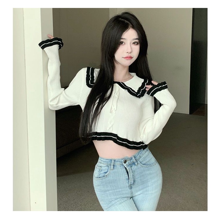 Áo Dệt Kim Phối Ren Dây Rút Thời Trang Mùa Thu Dành Cho Nữ