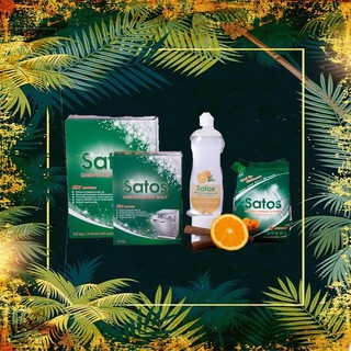 Combo bột rửa bát sinh học Satos 1,5kg + 1 muối Satos 1.5kg + 1 bóng hữu cơ Satos 500ml
