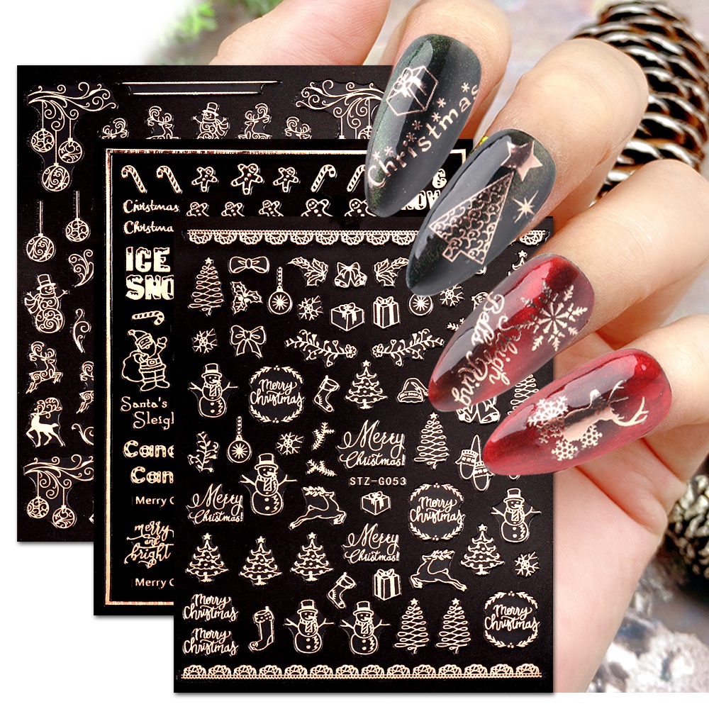 Bộ 9 Miếng Dán Móng Tay 3D Hình Bông Tuyết Tuần Lộc Giáng Sinh Lấp Lánh