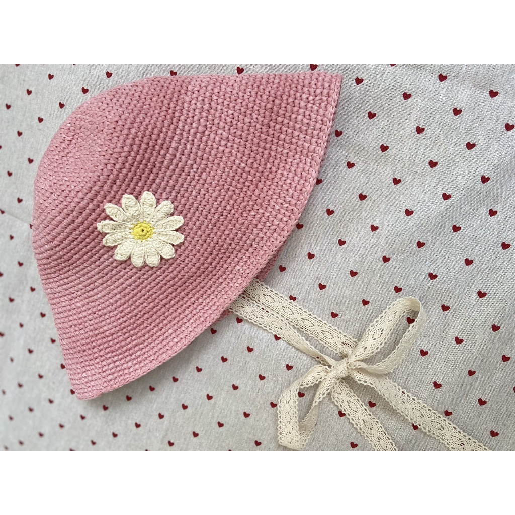 Nón len handmade - hoa cúc họa mi trang trí - có quai nón bằng ren siêu xinh