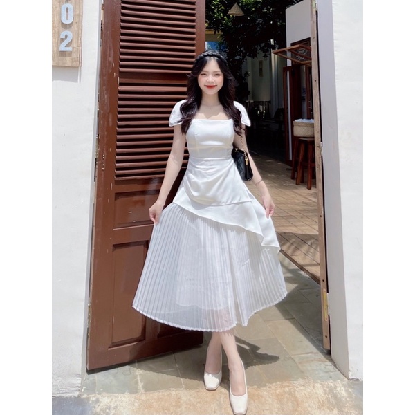 Set áo bèo có mút ngực kèm chân váy voan xếp ly 2 lớp lót trong LAM ANH STORE - VA3 size 46kg- 57kg