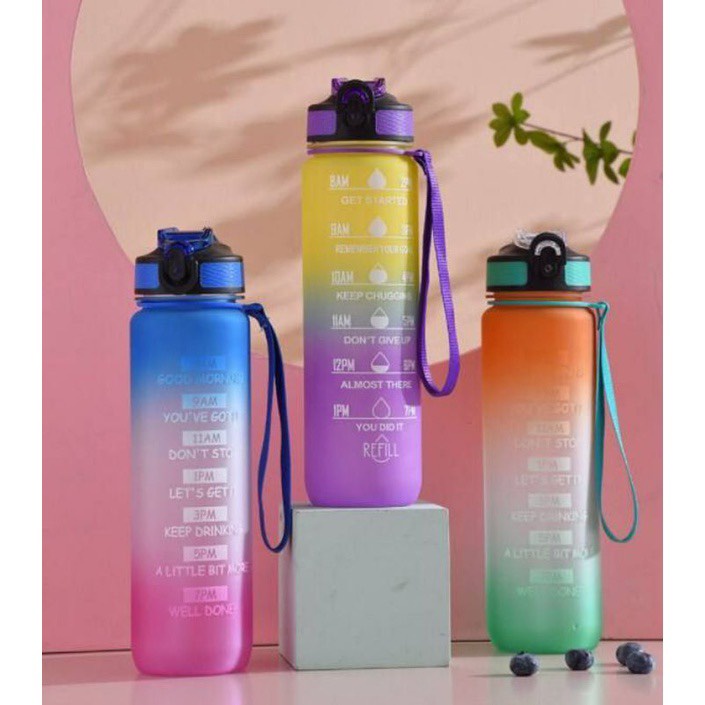Bình Nước 1 Lít Cute Thể Thao Tập Gym Đi Học Dễ Thương Có Ống Hút Chia Vạch 1000ml