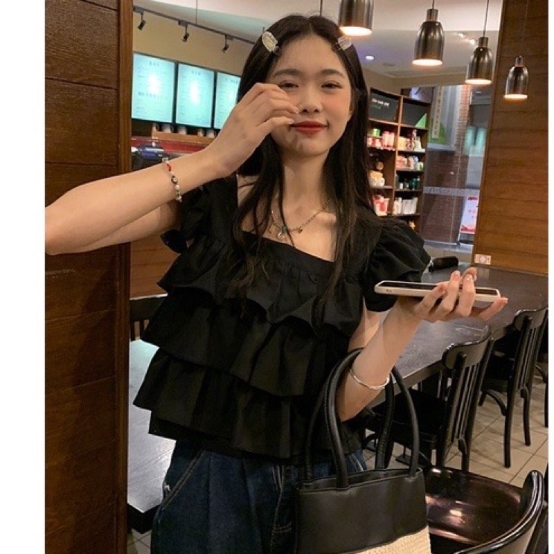 [Ảnh Thật] ÁO KIỂU NỮ HÀN QUỐC CỔ VUÔNG TẦNG CỘT NƠ SAU DỄ THƯƠNG ĐÁNG YÊU CHIZISHOP CZ003