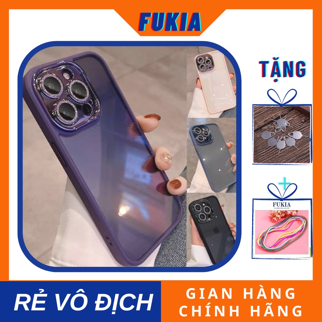 Ốp silicon viền màu mặt kính bảo vệ camera nhũ Bling cho IPhone 14/14Plus/14Pro/14Promax/13/13Pro/13