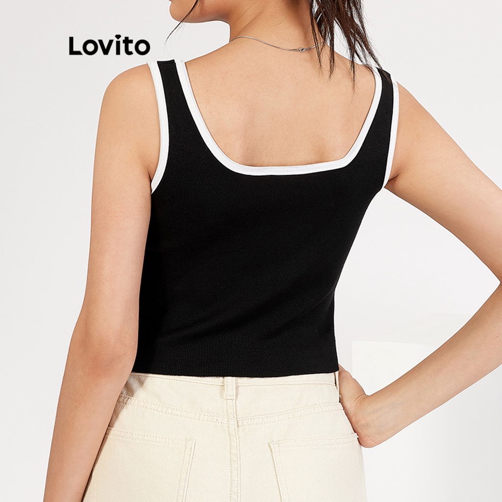 Áo dây Lovito có nút cài hở vai phối viền tương phản phong cách đơn giản thường ngày L18X267 (Đen)