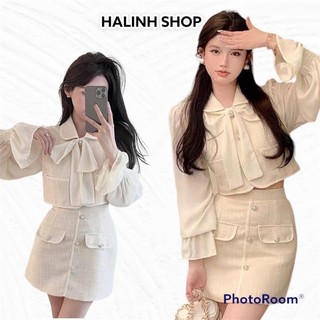 Sét Váy Dạ Cổ Nơ Phối Tay Sơ Mi Trắng Có Quần Trong Size S M -Halinh Shop