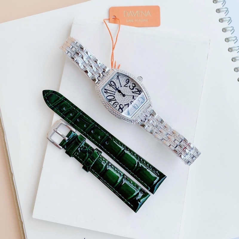 set đồng hồ nữ Davena màu bạc kèm dây da