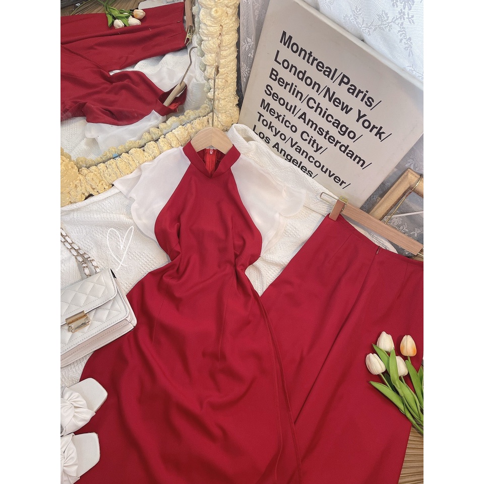 SET ÁO DÀI ĐỎ TAY PHỐI VOAN BÈO + QUẦN SUÔNG ĐỎ