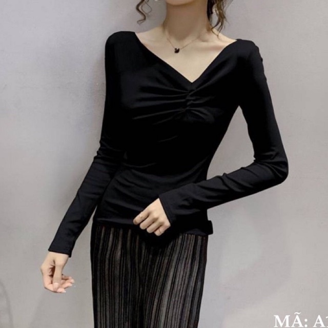 Áo Thun Dài Tay Cổ Nhún Chữ V Lệch Vai Chất Thun Tăm Mềm