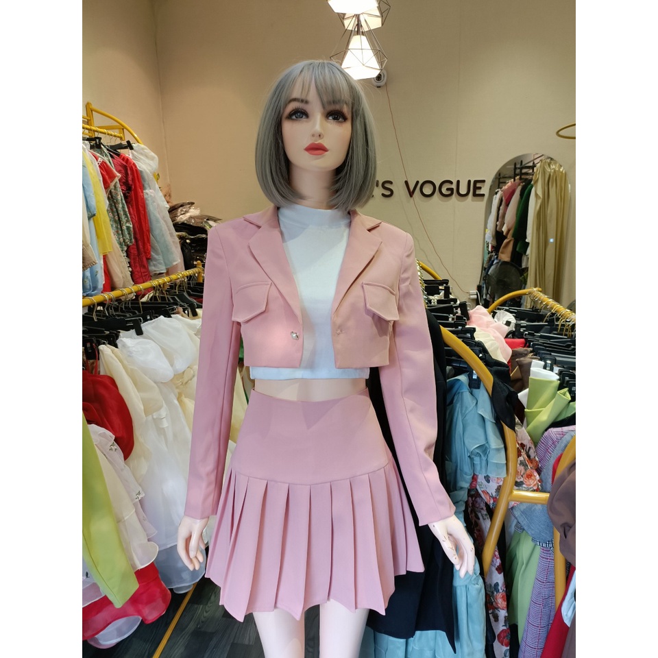 NHIỀU MÀU SET áo vest khoác ngắn croptop 2 lớp chân váy công sở xòe xếp ly tennis thu đông dài tay hotgirl thanh lịch