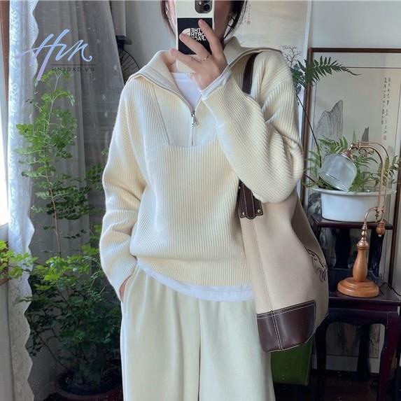 Áo Sweater Cổ Cao Dáng Rộng Phối Khóa Kéo Đơn Giản Theo Phong Cách Thu Đông Hàn Quốc Dành Cho Nữ