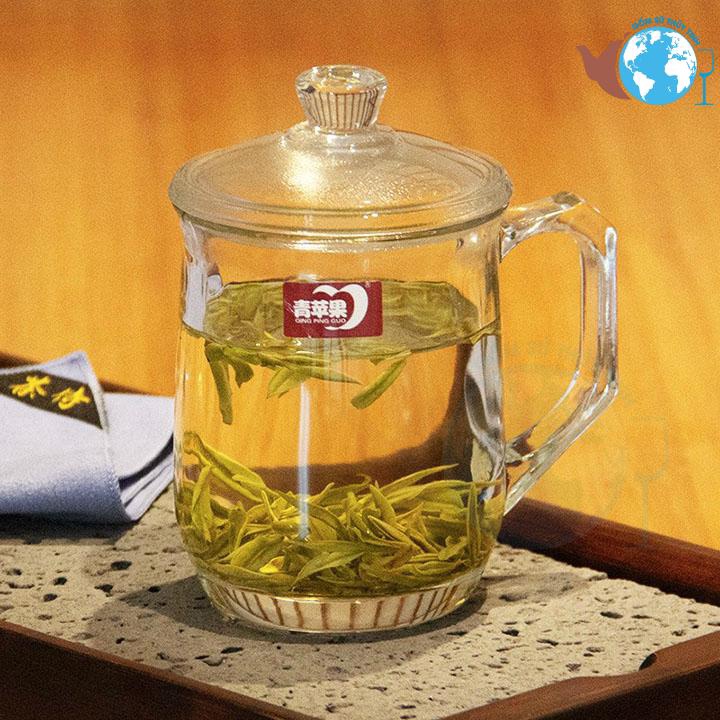 Ly thủy tinh quai cầm có nắp thủy tinh cao cấp 380ML - Ly tách thủy tinh dày chịu nhiệt