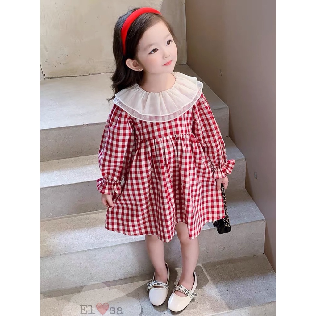 Váy bé gái - Váy Caro Dài Tay Cổ Tầng dáng Babydoll Siêu Xinh Cho Bé 1-7 Tuổi {Kèm Video shop tự quay}