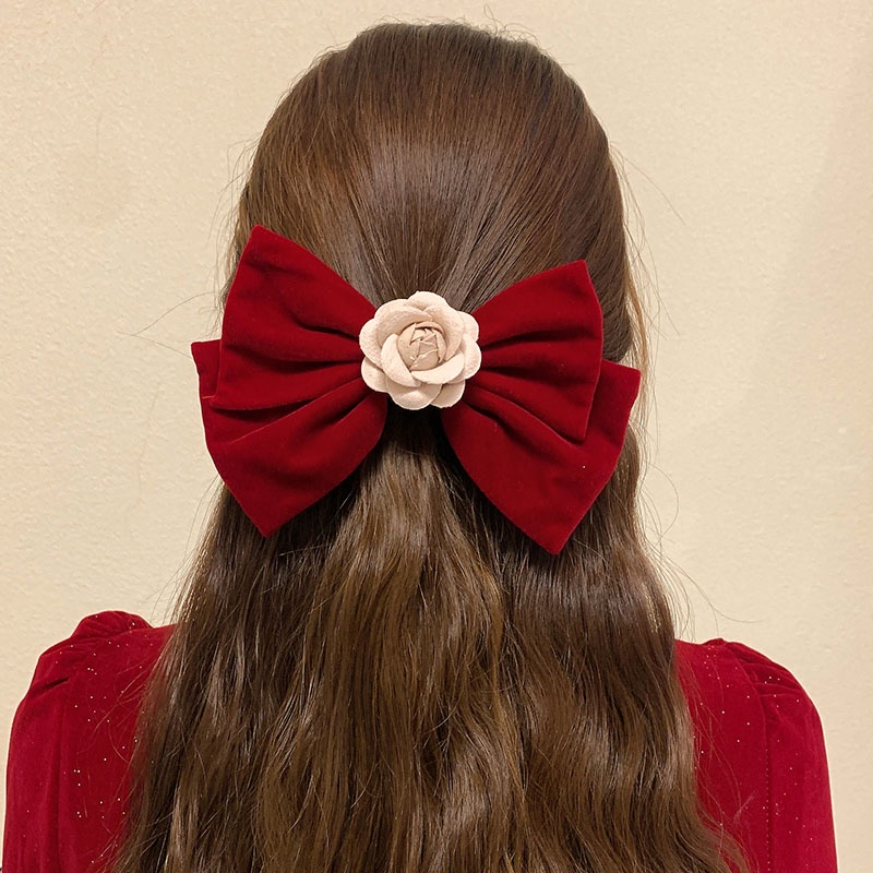 Kẹp Tóc Hình Nơ Lớn Màu Đỏ Phong Cách Retro Cho Nữ