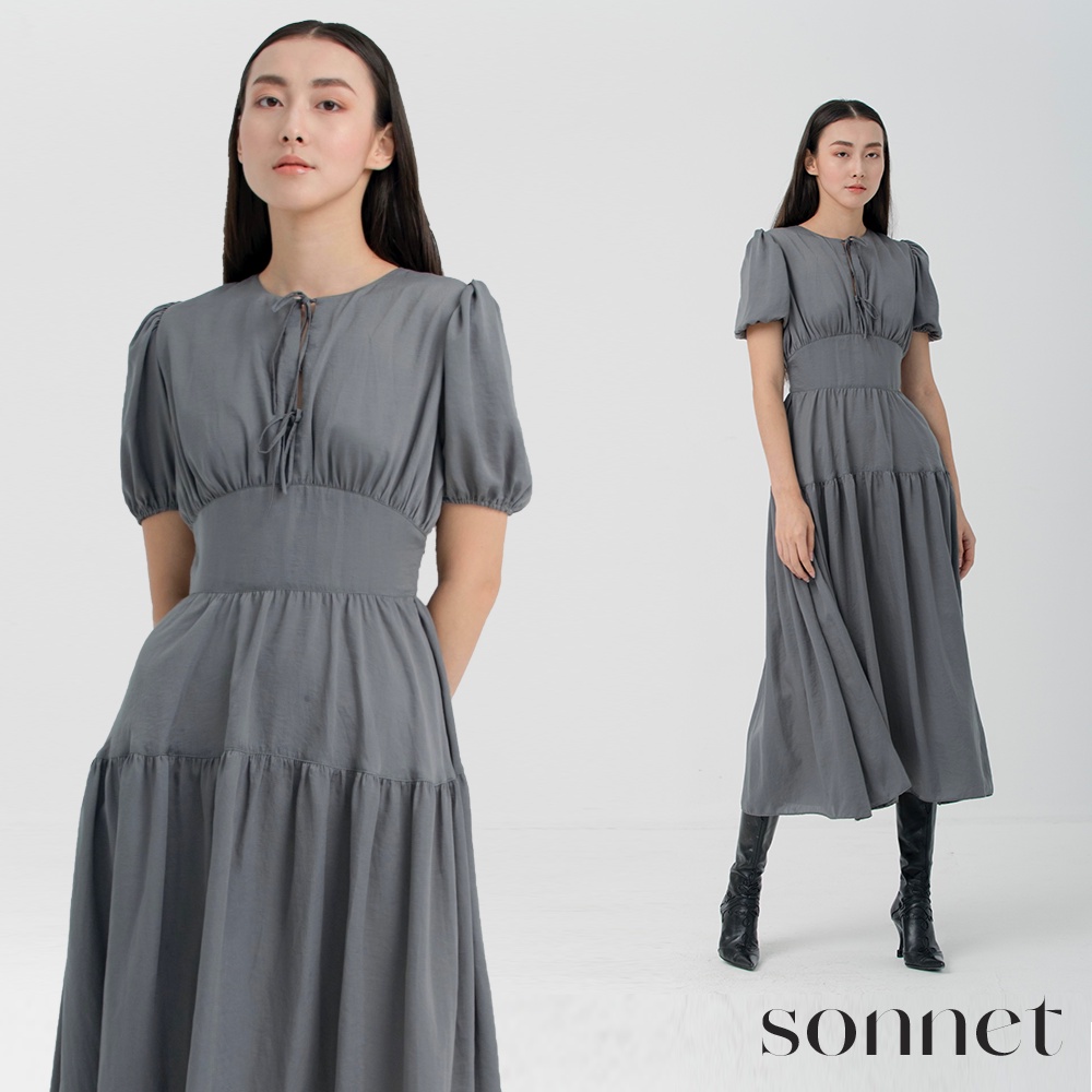 Đầm liền thân dáng xoè tiểu thư Fiona Dress thương hiệu Sonnet tay bồng thắt nơ chất liệu tơ phong cách Nhật Bản
