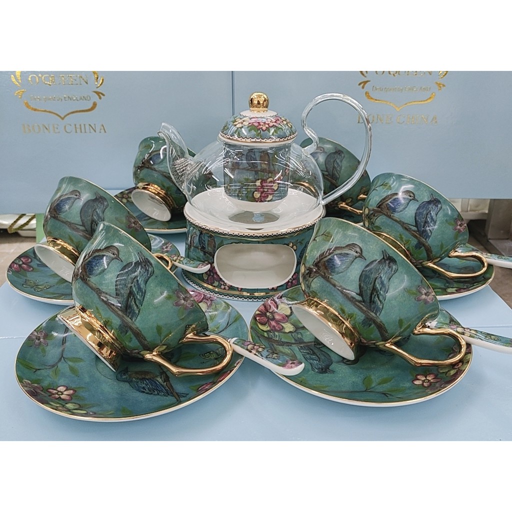 BỘ ẤM CHÉN SỨ XƯƠNG KÈM BẾP CHÂM TRÀ HỌA TIẾT CHIM HOA XANH VIỀN VÀNG