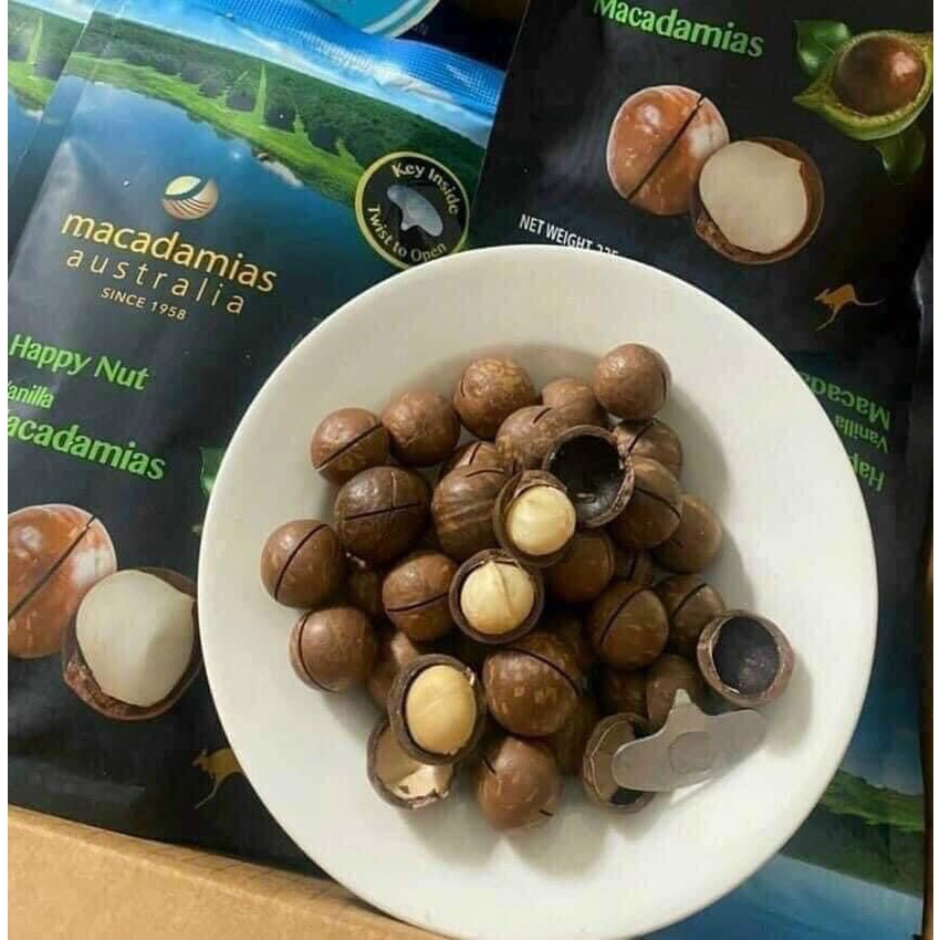 Hạt maca nguyên vỏ Úc happy nut vị vanilla macadamias Úc Healthy care quatangme
