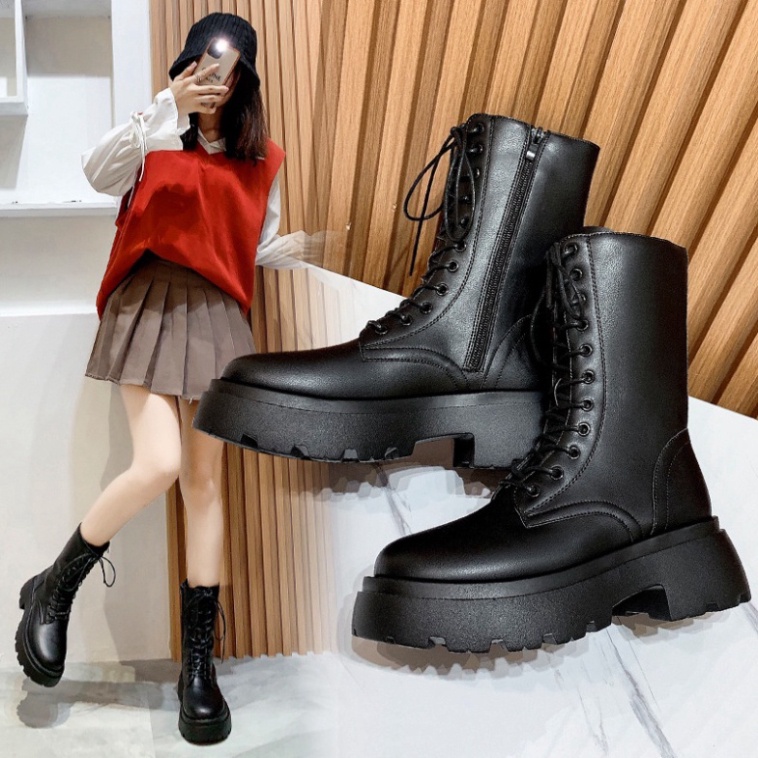 Giày bốt nữ Martin thời trang, giày ulzzang nữ Hàn Quốc-Giầy cao gót nữ Đế cao, bốt nữ cổ cao đen 20