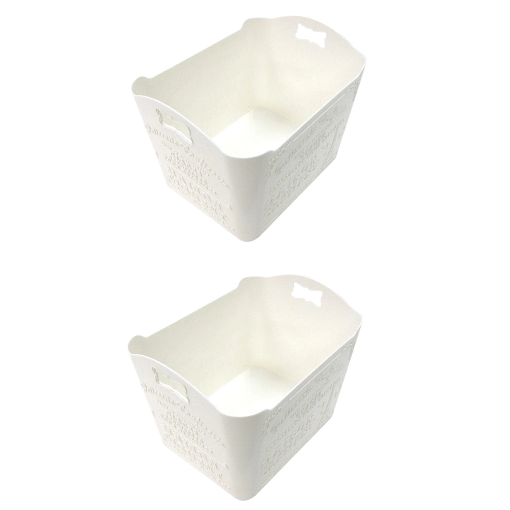 Daiso Rổ nhựa hoa văn kiểu Pháp nữ tính màu trắng 15,1cm x 19,7cm x 14,5cm