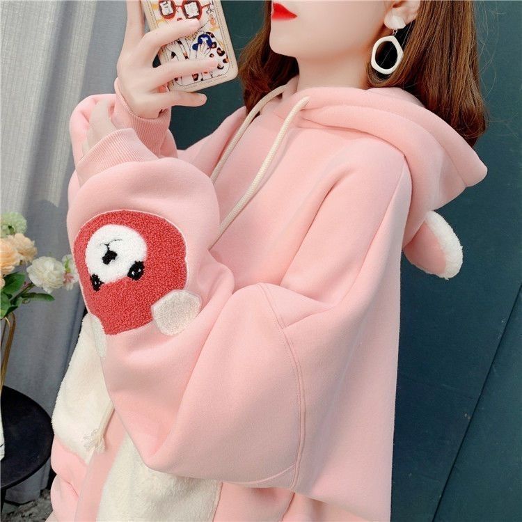 Áo Hoodie Tay Dài Dáng Rộng Lót Lông Cừu Dày Dặn Dễ Thương Thời Trang Mùa Thu Cho