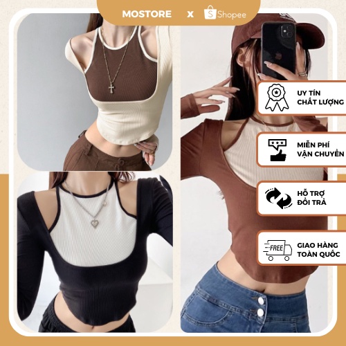 Áo Kiểu Dài Tay Body Cổ Yếm Khoét Vai Dáng Ngắng Freesize