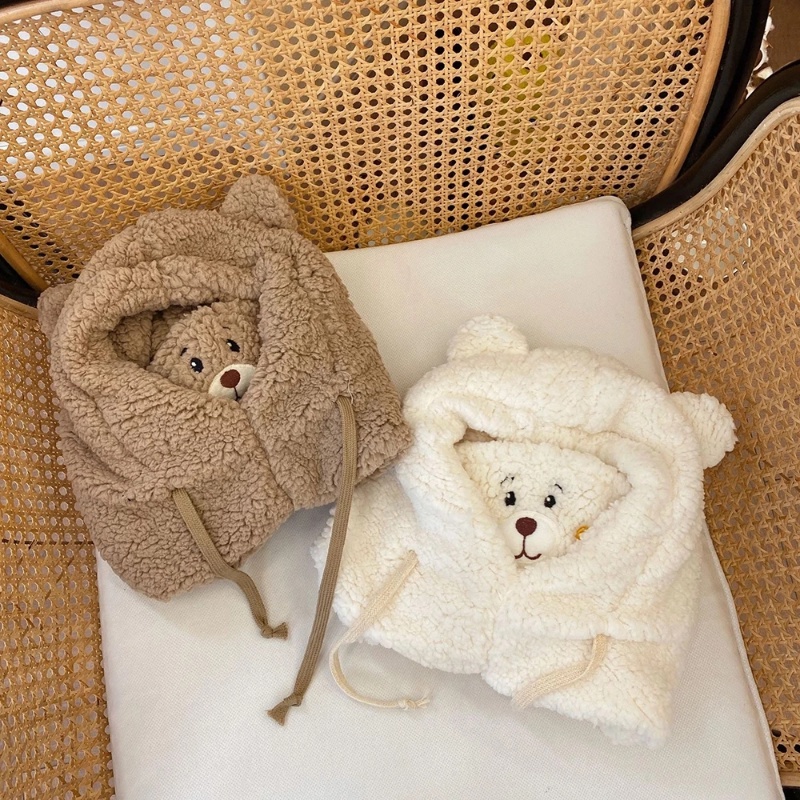 Mũ Lông Cừu Dây Rút / Khăn Choàng Cổ Dày Dặn Chống Gió Giữ Ấm Toàn Diện Hình Tai Gấu Hoạt Hình Thời Trang Mù