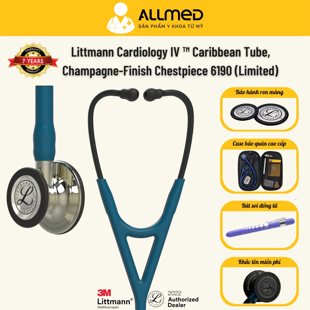 Ống nghe Littmann Cardiology IV ™ màu Caribbean Blue, gương vàng champagne (Limited), mã 6190, chính hãng 3M Mỹ