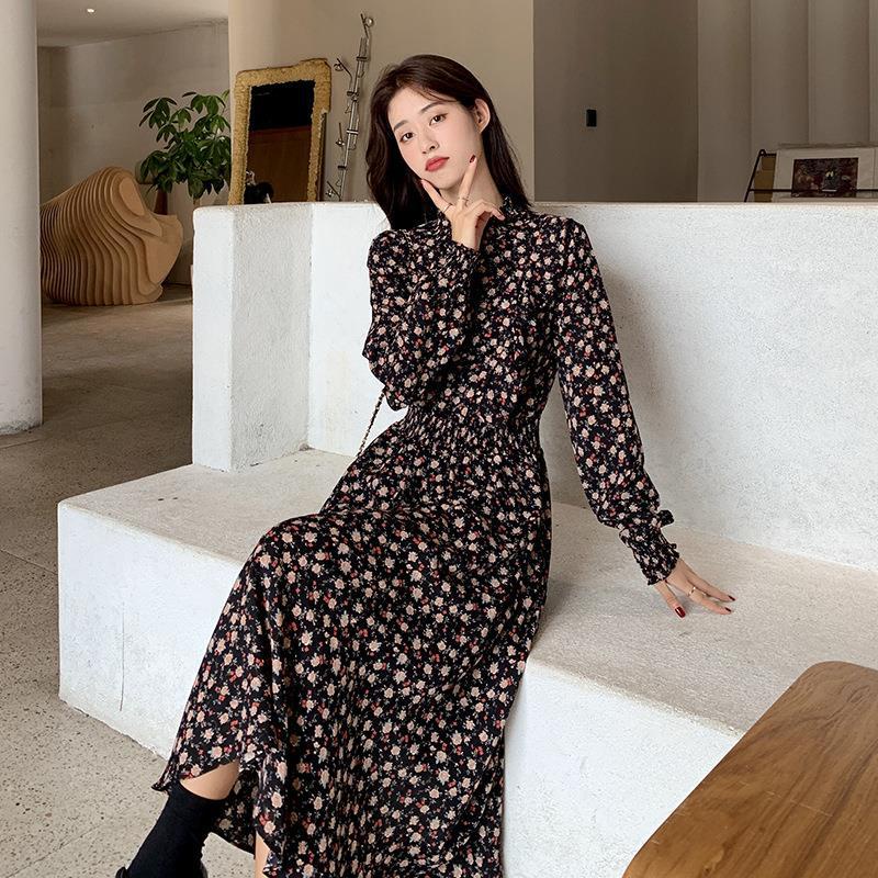 Đầm Chiffon Dài Qua Gối Eo Cao In Họa Tiết Hoa Phong Cách Âu Mỹ Cổ Điển Màu Đen