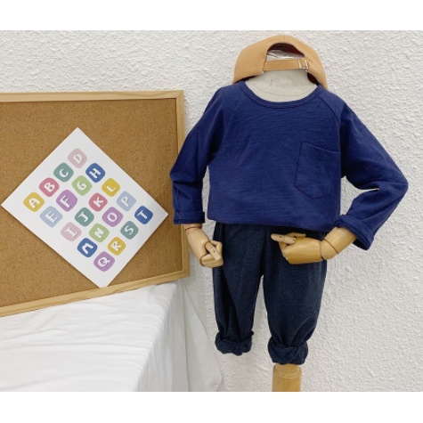 Áo phông dài tay cotton cho bé trai, bé gái trơn phối túi 6 màu basic