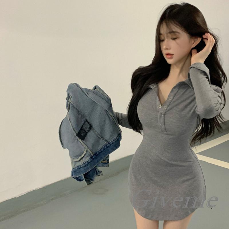 Đầm Sơ Mi Dài Tay Cổ Bẻ Form Ôm Màu Trơn Thời Trang Thanh Lịch Dành Cho Nữ