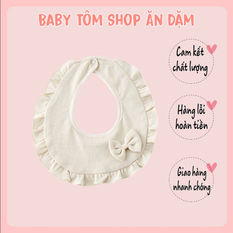 Yếm vải cotton organic mềm mịn viền bèo đính nơ cho bé gái,Baby Tôm, yếm cotton cho bé gái