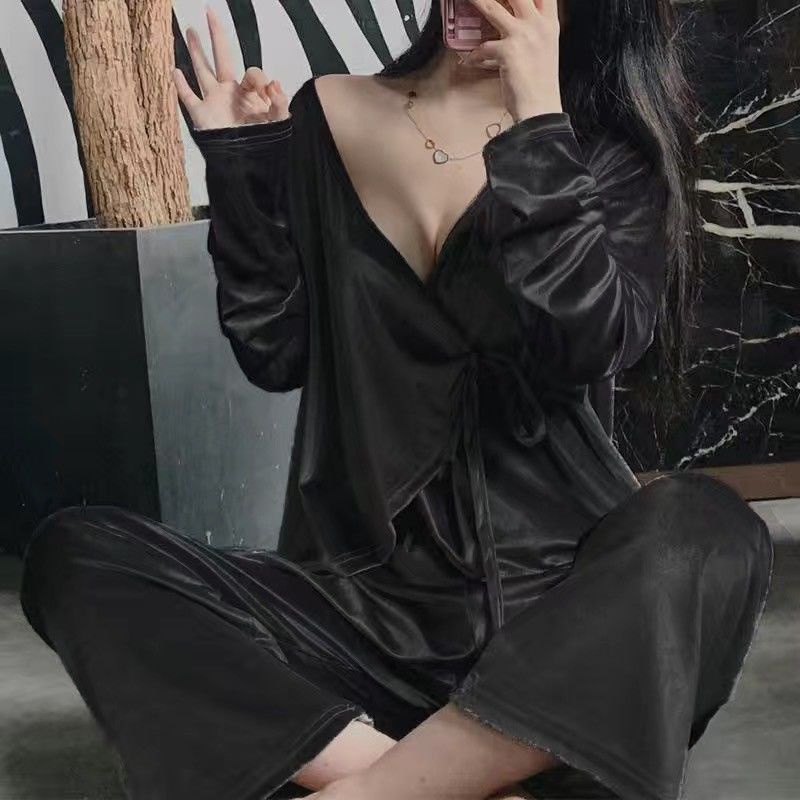 Bộ Đồ Ngủ Tay Dài Chất Nhung Phong Cách Kimono Nhật Bản Thời Trang Thu Đông Quyến Rũ Cho Nữ