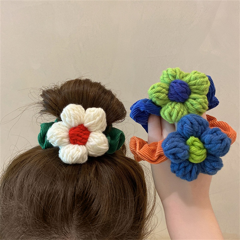 Dây Buộc Tóc Cao Su Bọc Vải Len Họa Tiết Hoa Đơn Giản Thời Trang Cho Nữ